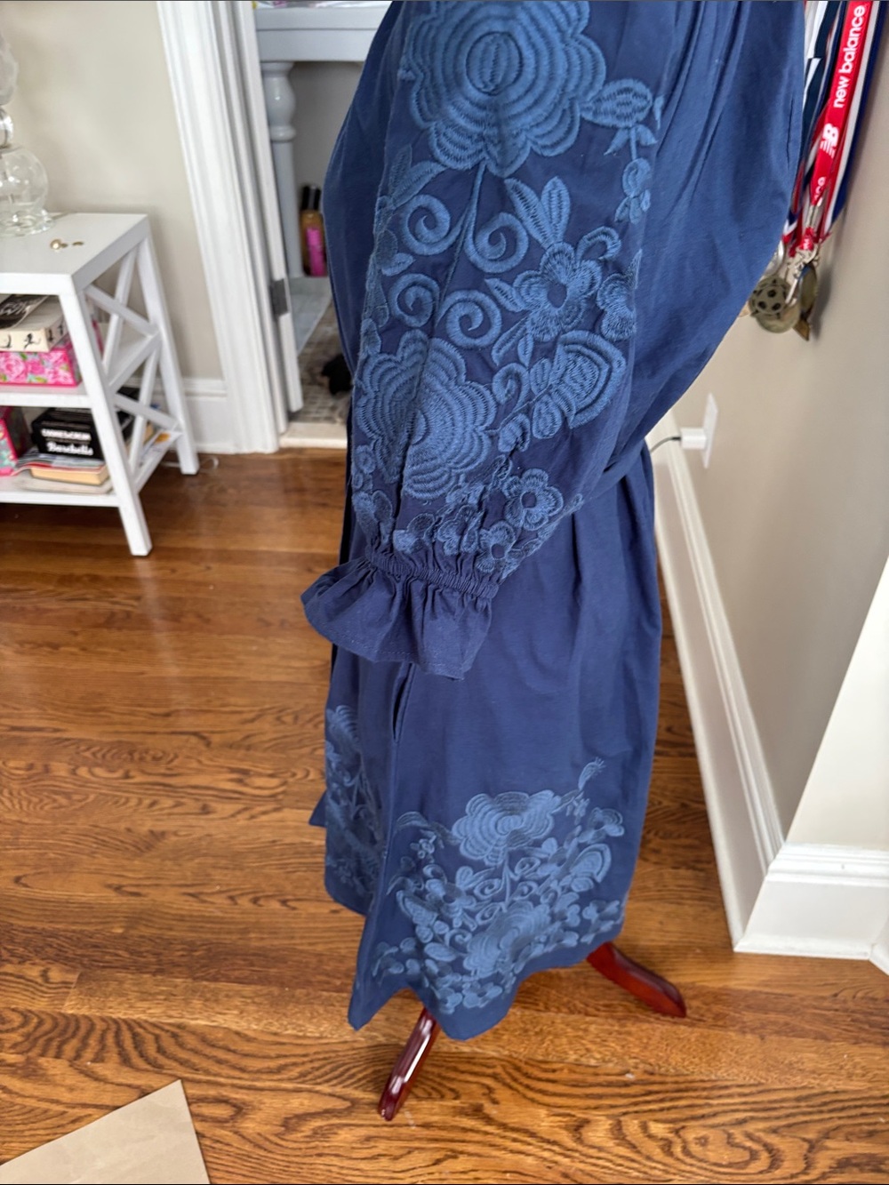 Navy Embroidered Midi Dress with Belt - Picture 4 of 8